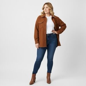 PEPPER &‎ ZOE Brown Textured Shacket with Utility Pocket Wool Cotton Button Up